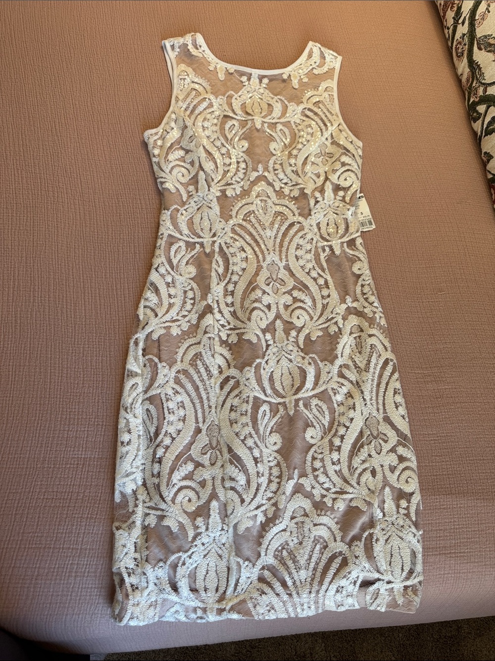 Mystic Cream and White Lace Midi Dress